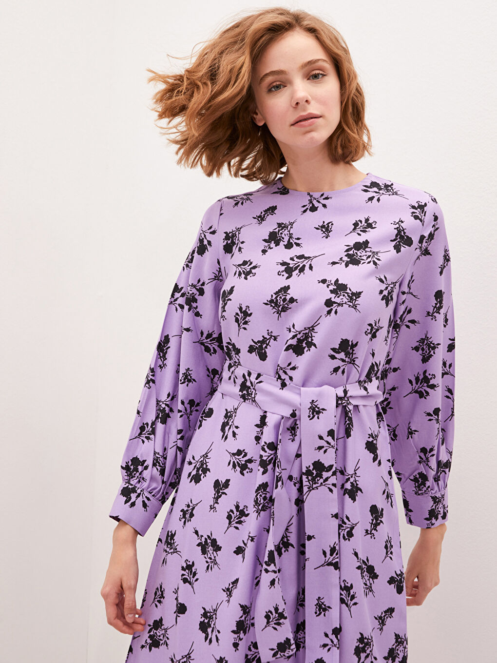 Crew Neck Floral Print Long Sleeve Women Dress-3