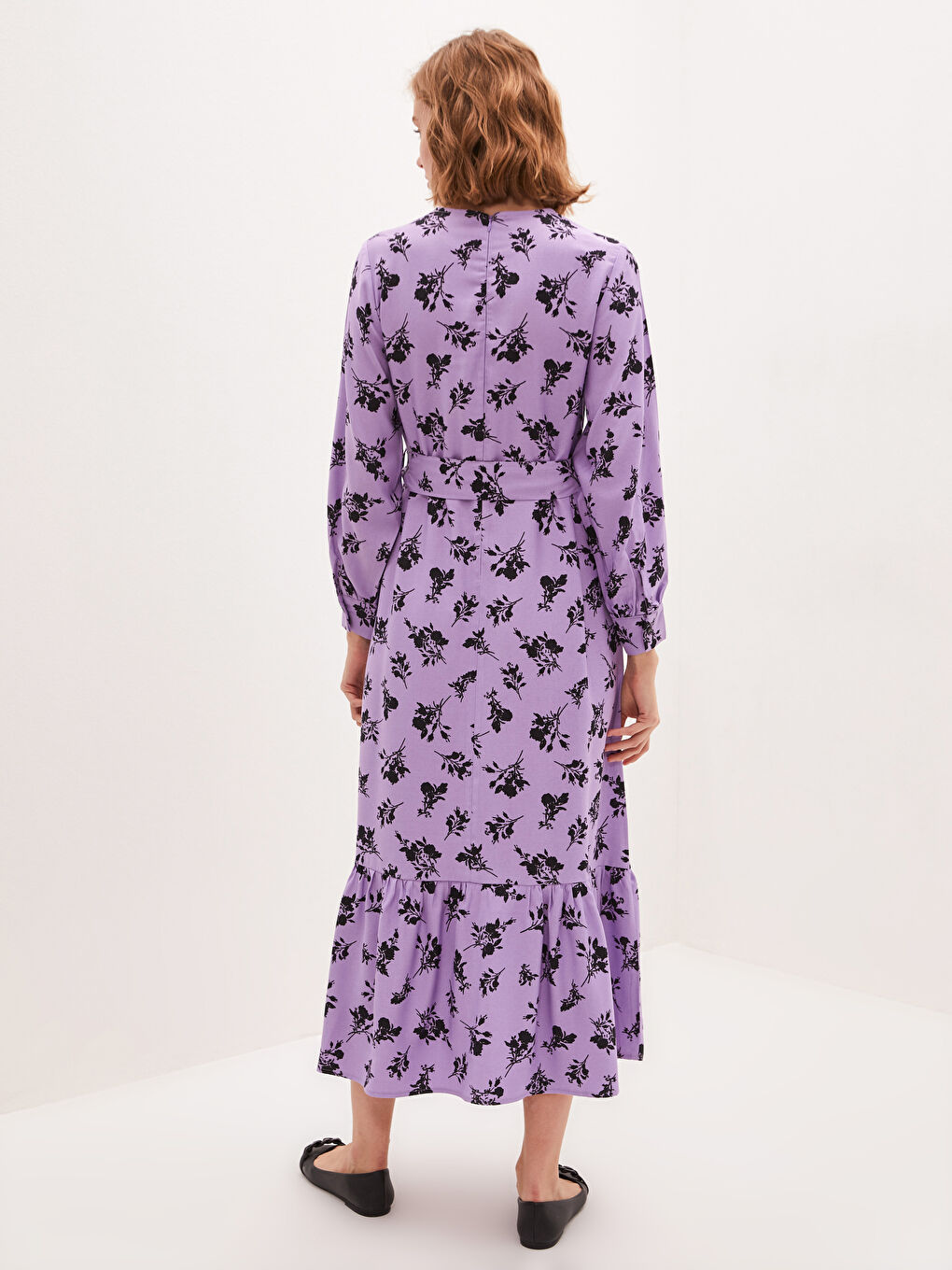 Crew Neck Floral Print Long Sleeve Women Dress-4