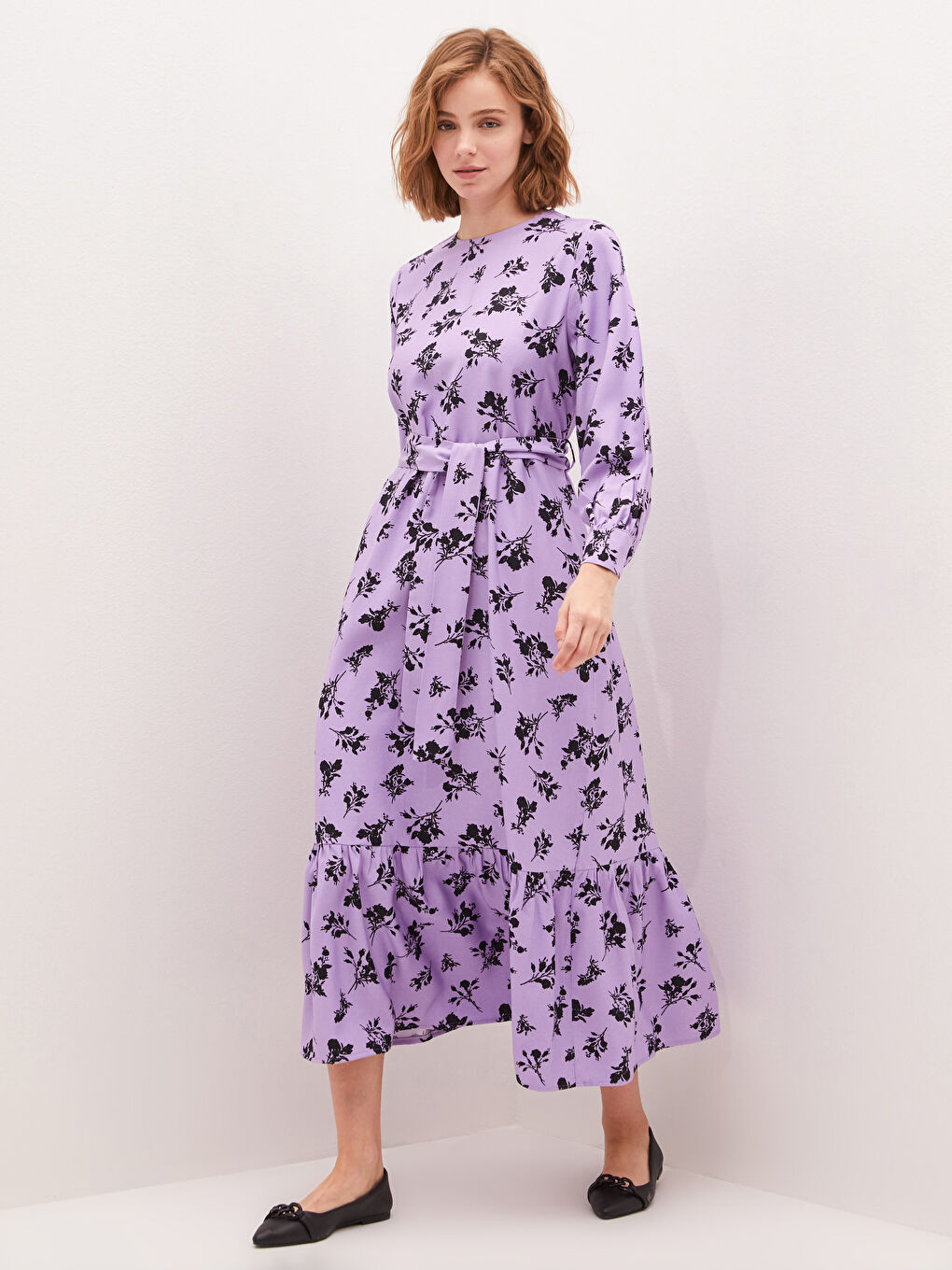 Crew Neck Floral Print Long Sleeve Women Dress