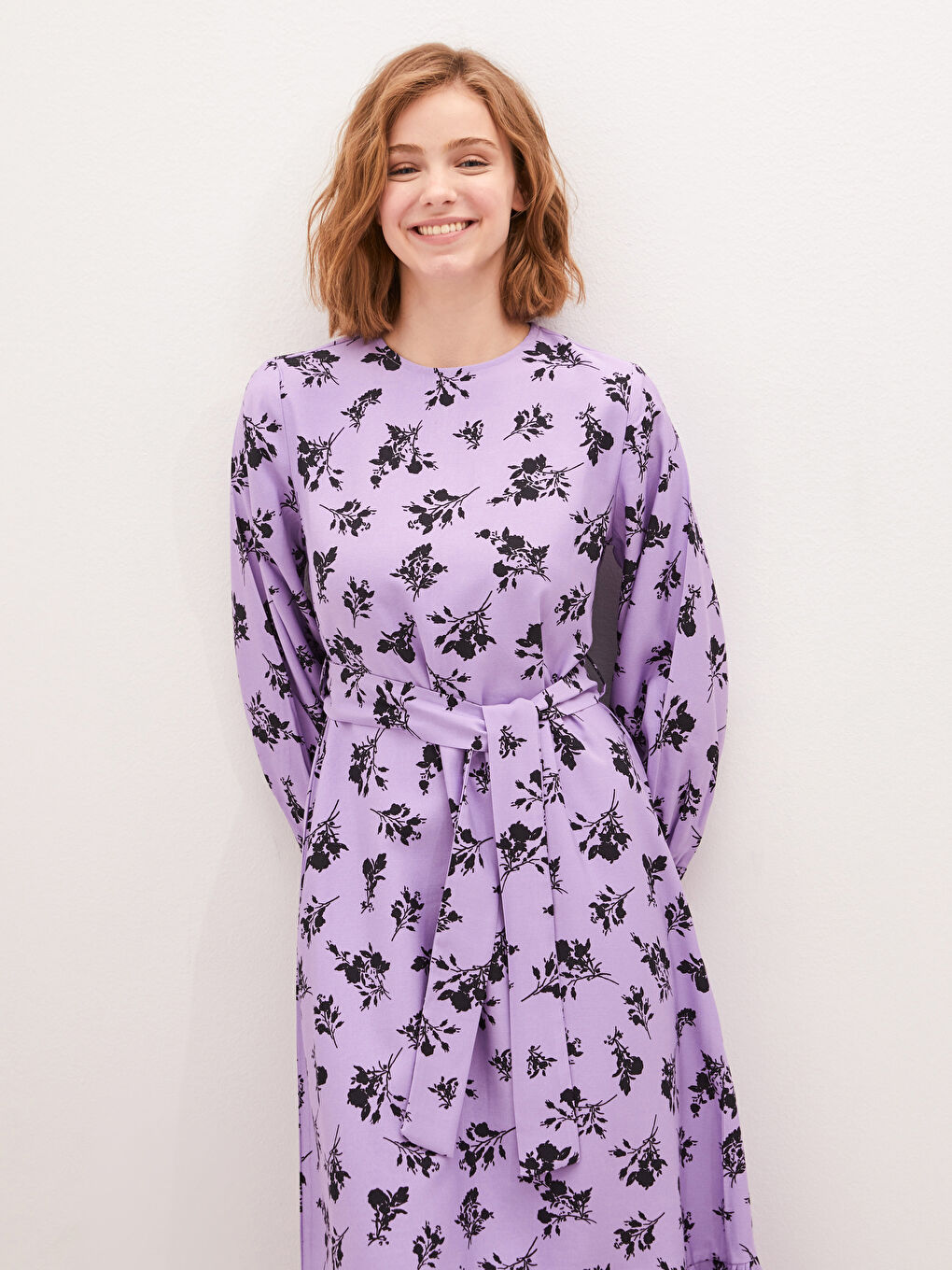 Crew Neck Floral Print Long Sleeve Women Dress-1