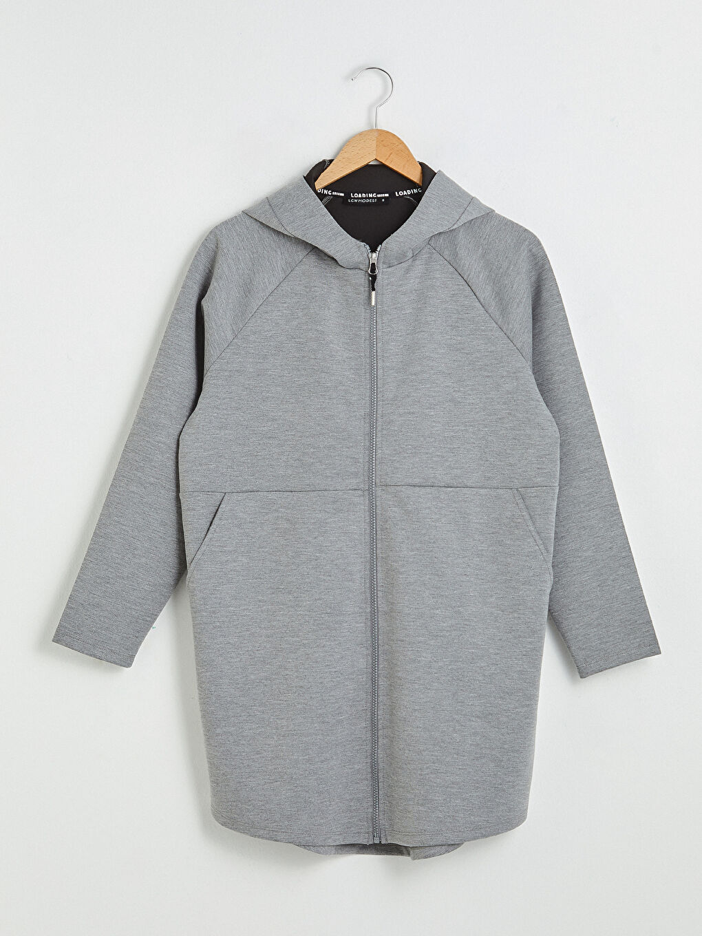 Gri Kapüşonlu Düz Uzun Kollu Fermuar Kapamalı Kadın Hırka-6