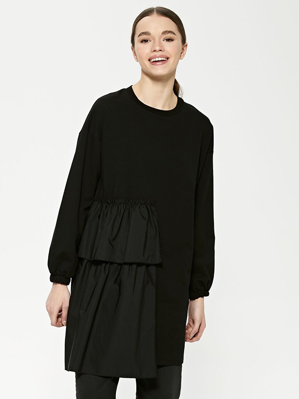 Crew Neck Ruffle Detail Long Sleeve Women's Sweatshirt Tunic-4