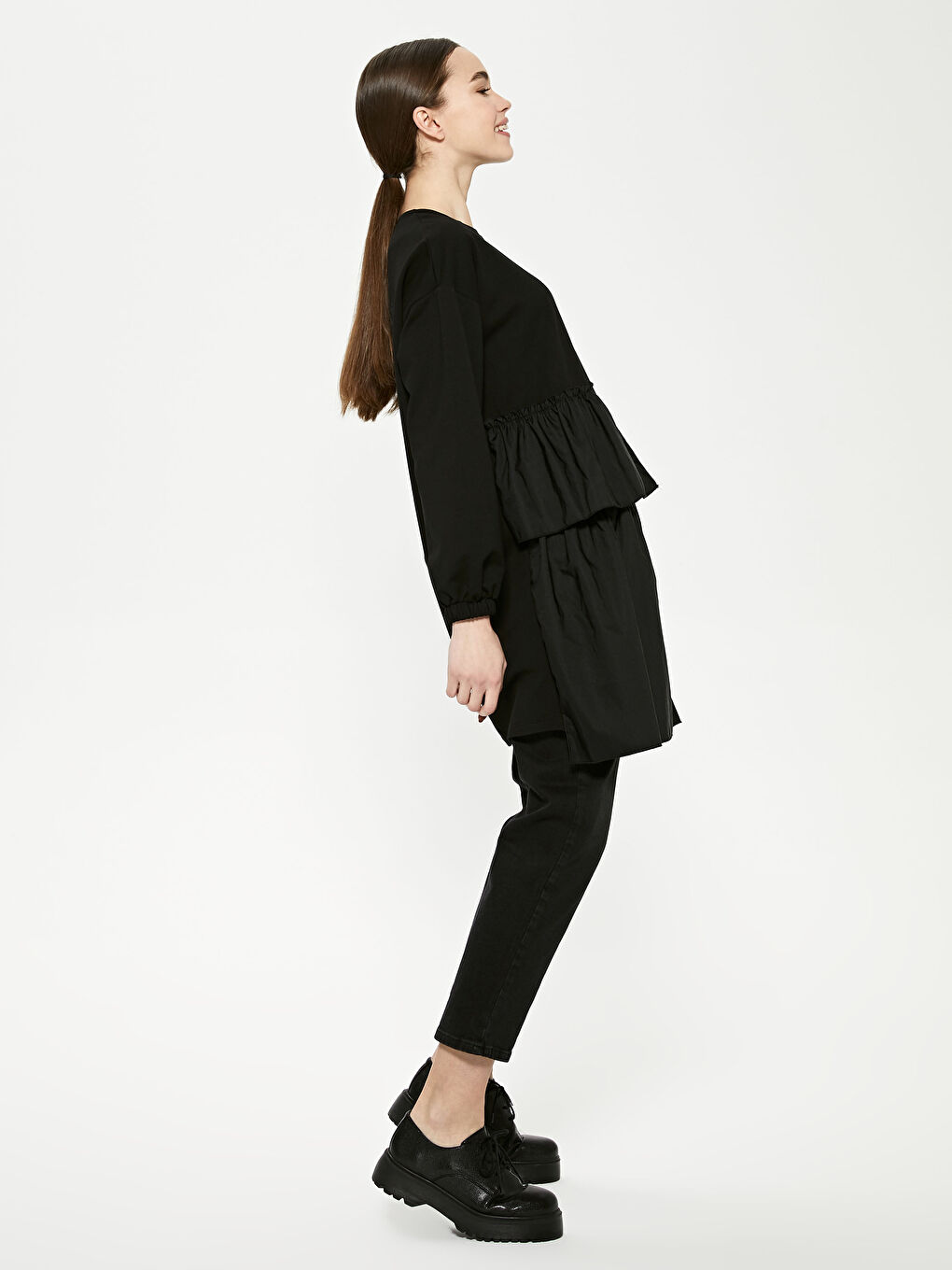 Crew Neck Ruffle Detail Long Sleeve Women's Sweatshirt Tunic-1