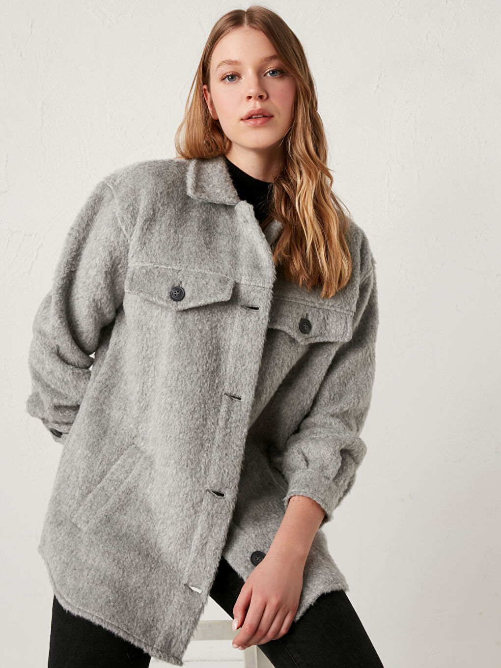 әйелдерге арналған ұзын жең жағалы қалталы пиджак-4