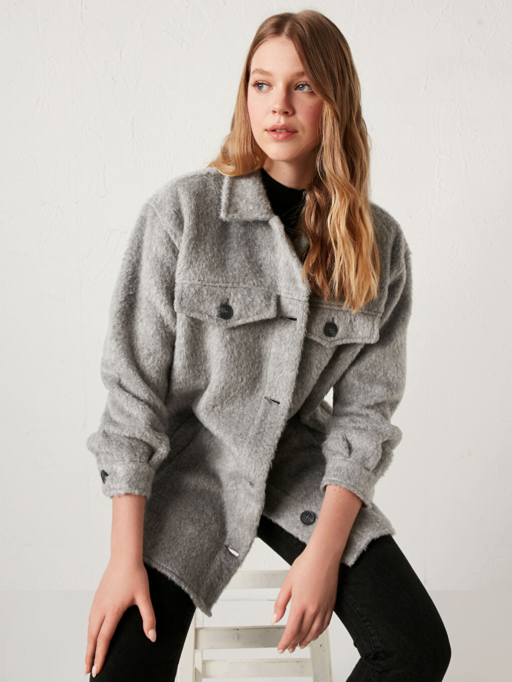 әйелдерге арналған ұзын жең жағалы қалталы пиджак-5