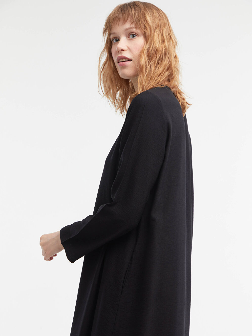 Siyah Fermuar Kapamalı Uzun Keten Ferace-1