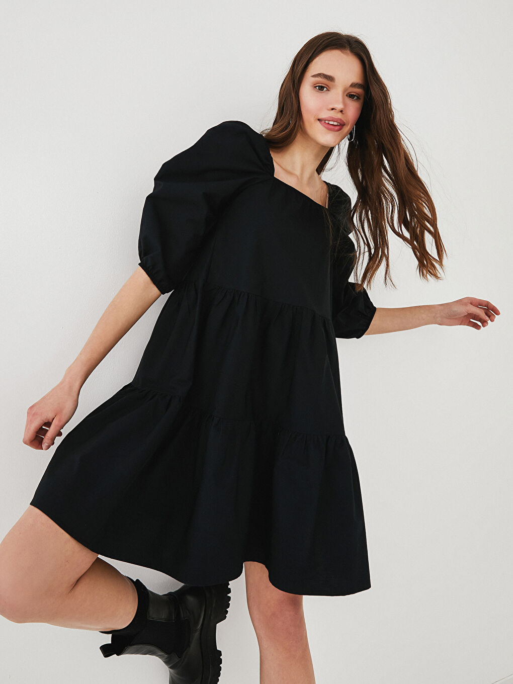 Square Collar Plain Balloon Sleeve Poplin Women's Dress-2