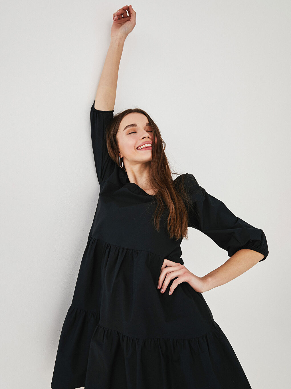 Square Collar Plain Balloon Sleeve Poplin Women's Dress-3