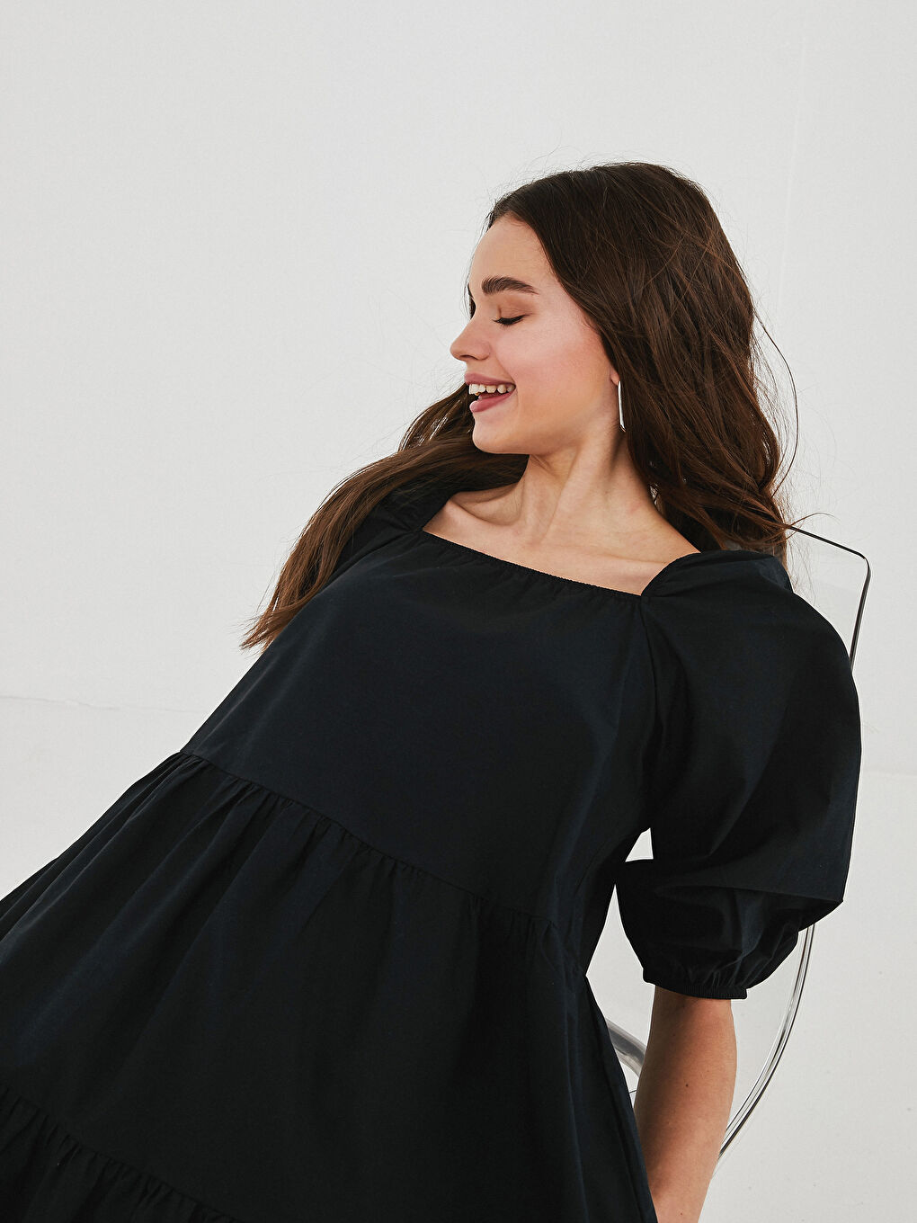 Square Collar Plain Balloon Sleeve Poplin Women's Dress-4