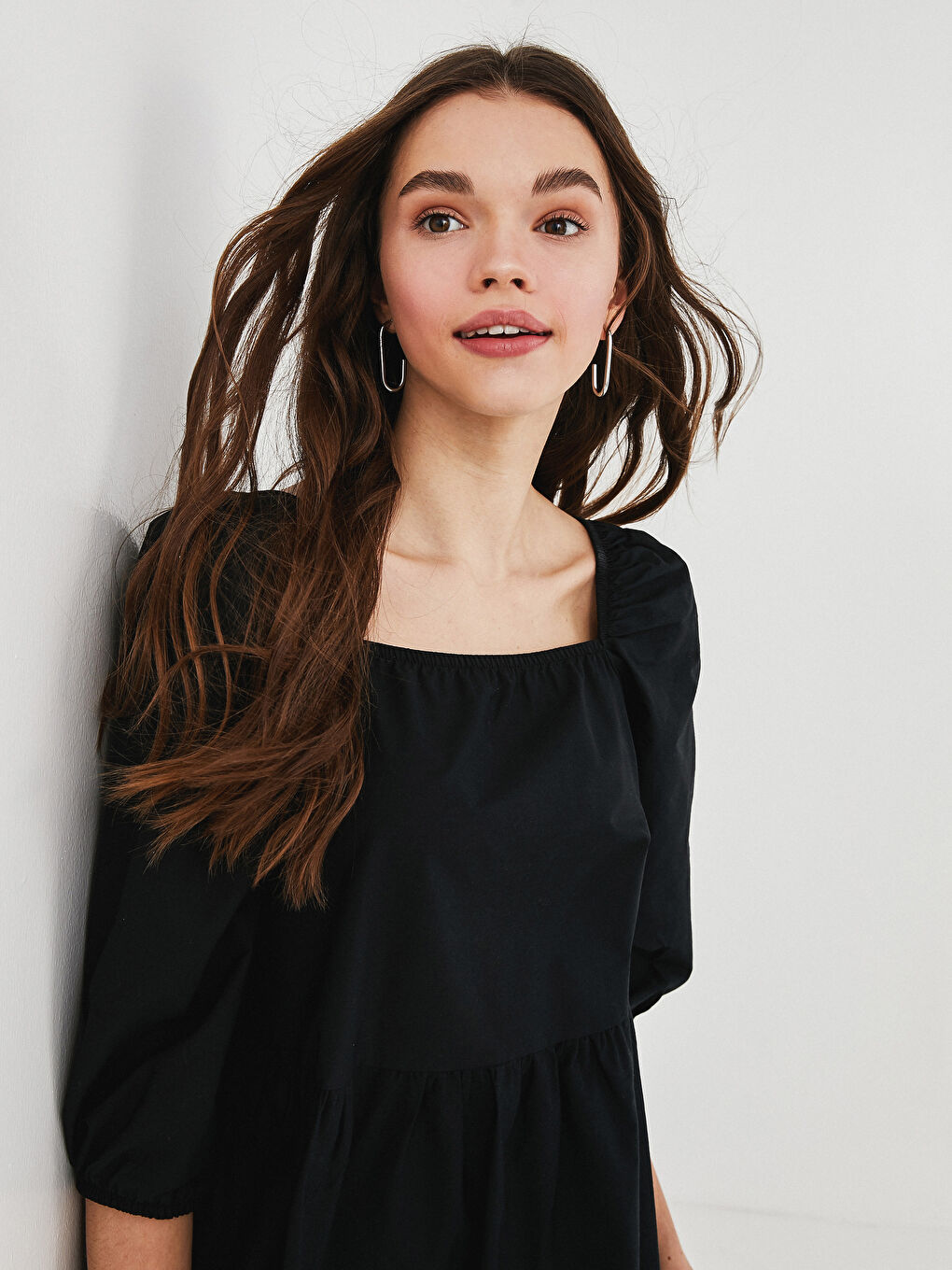 Square Collar Plain Balloon Sleeve Poplin Women's Dress-5