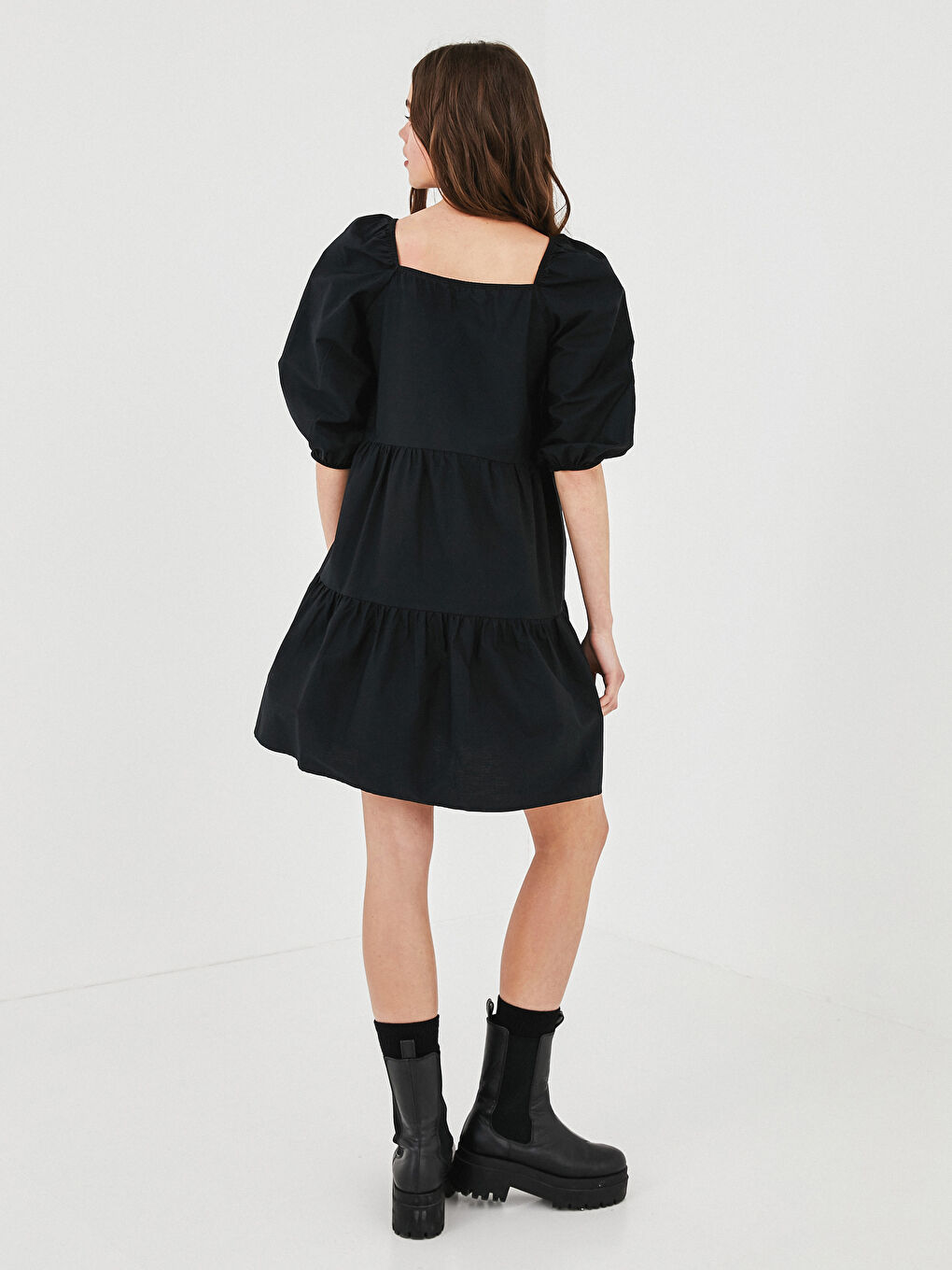 Square Collar Plain Balloon Sleeve Poplin Women's Dress-6