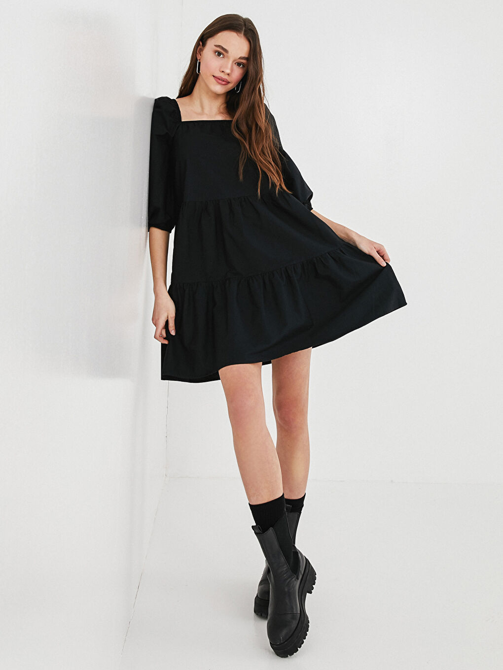 Square Collar Plain Balloon Sleeve Poplin Women's Dress