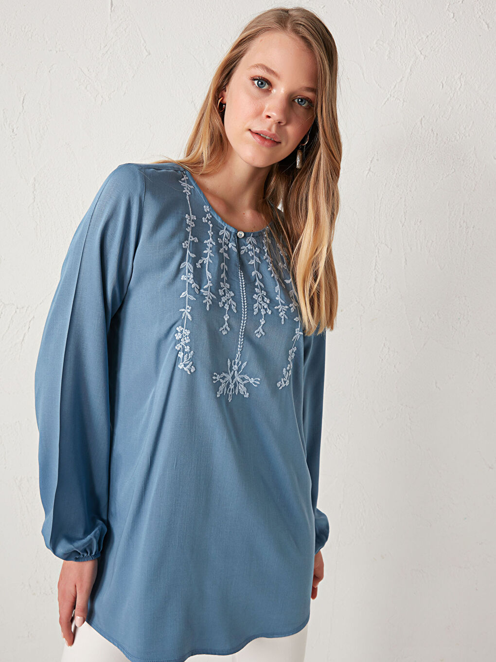 Henley Neckline Embroidery Detailed Viscose Tunic-2