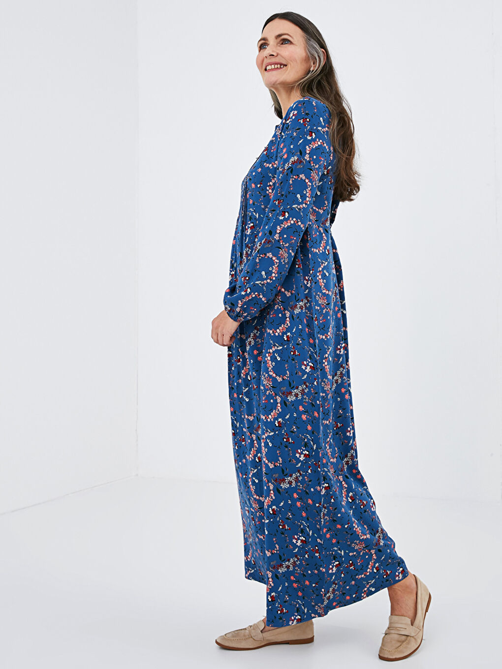 فستان ياقة مندرين مُزهر كم طويل فيسكوز للسيدات-7