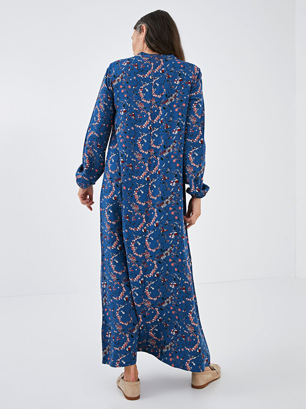 فستان ياقة مندرين مُزهر كم طويل فيسكوز للسيدات-8