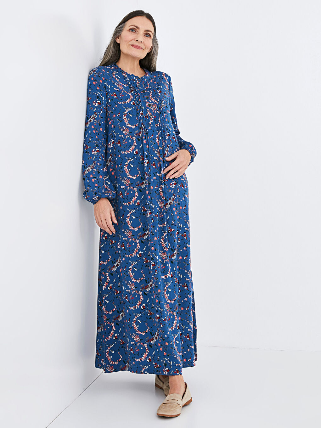 فستان ياقة مندرين مُزهر كم طويل فيسكوز للسيدات-9