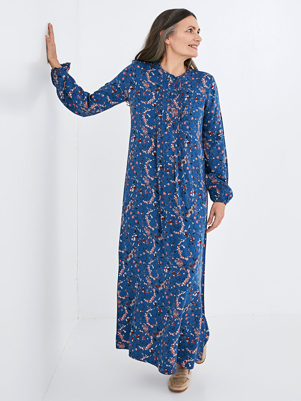 فستان ياقة مندرين مُزهر كم طويل فيسكوز للسيدات-5