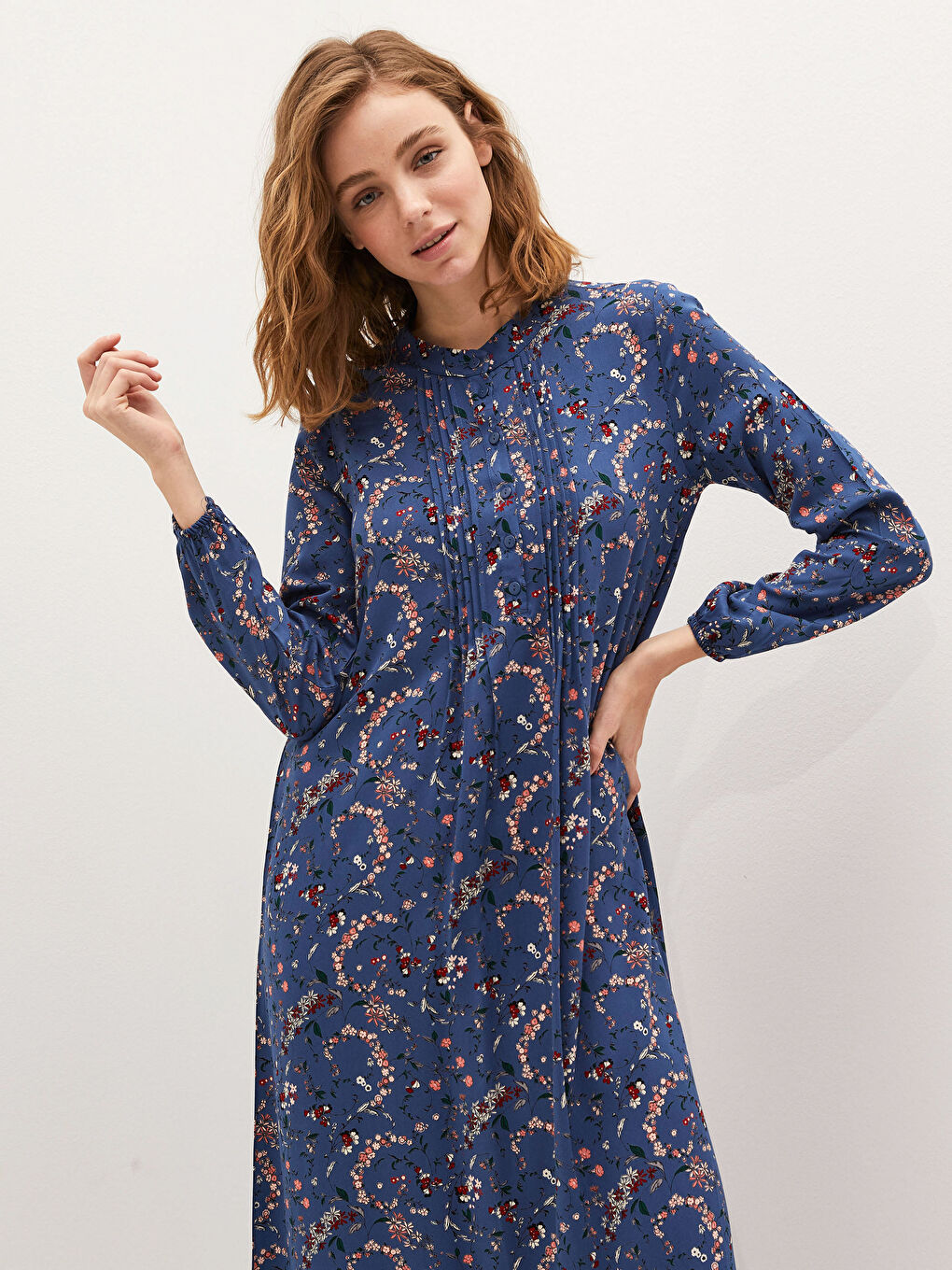 فستان ياقة مندرين مُزهر كم طويل فيسكوز للسيدات-2