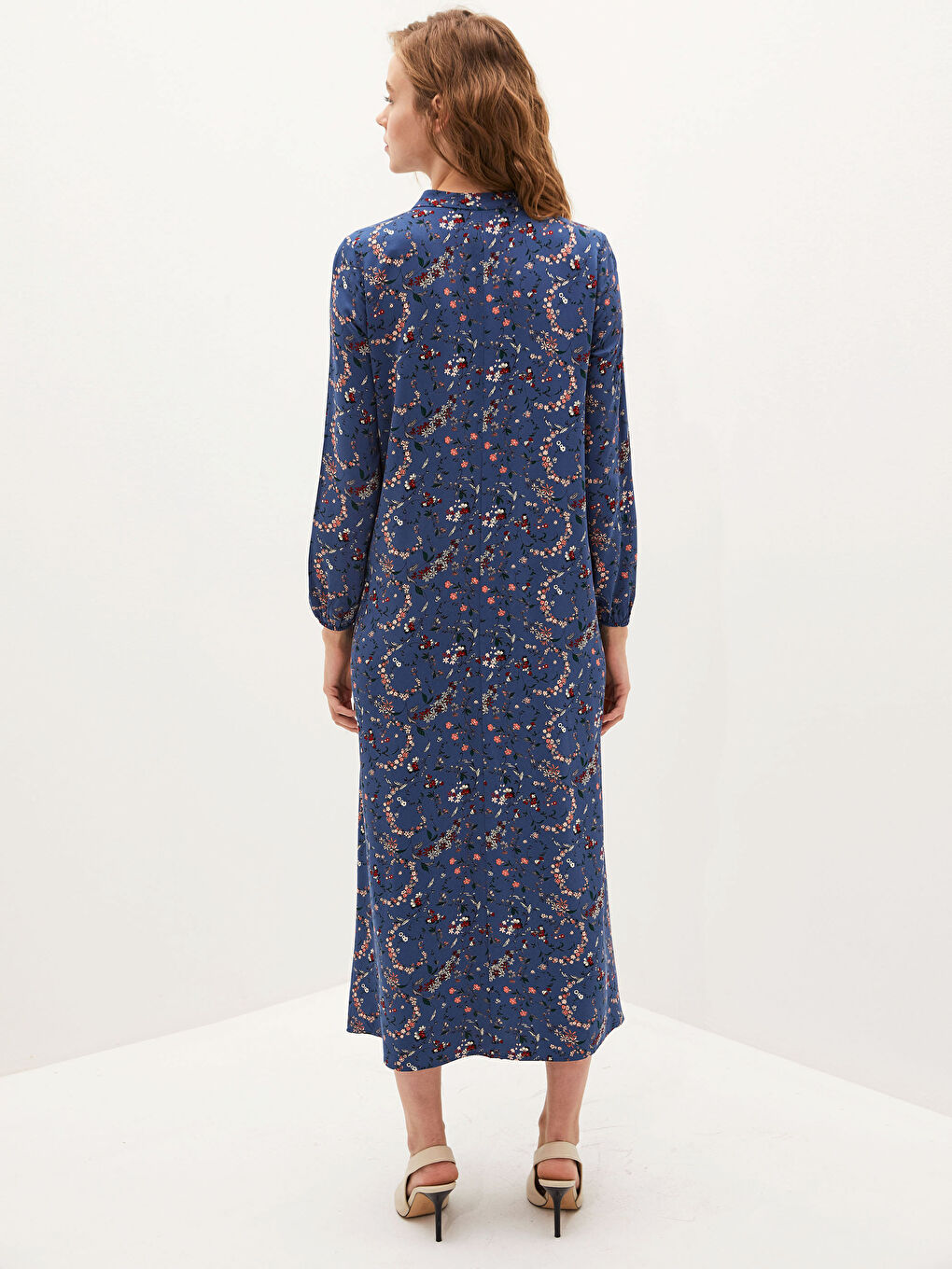 فستان ياقة مندرين مُزهر كم طويل فيسكوز للسيدات-4