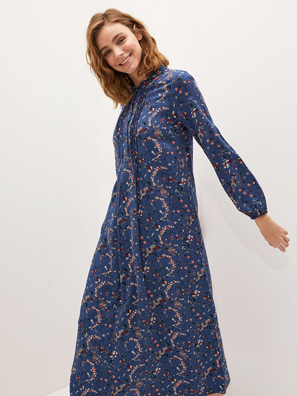 فستان ياقة مندرين مُزهر كم طويل فيسكوز للسيدات-1