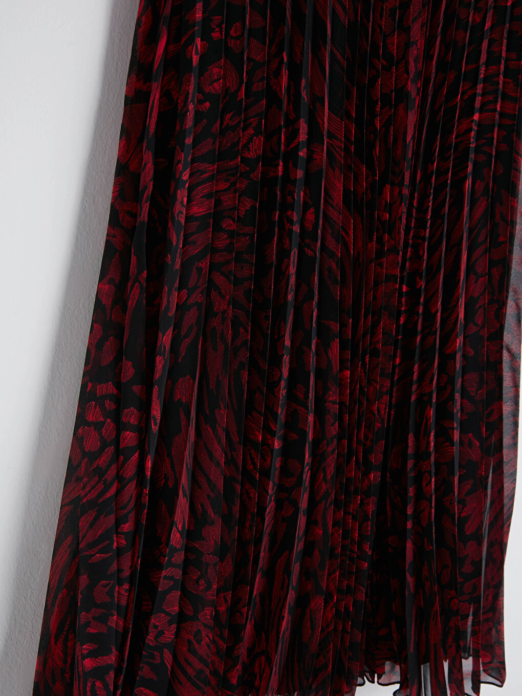 Kırmızı Beli Lastikli Desenli Şifon Kadın Pileli Etek-7