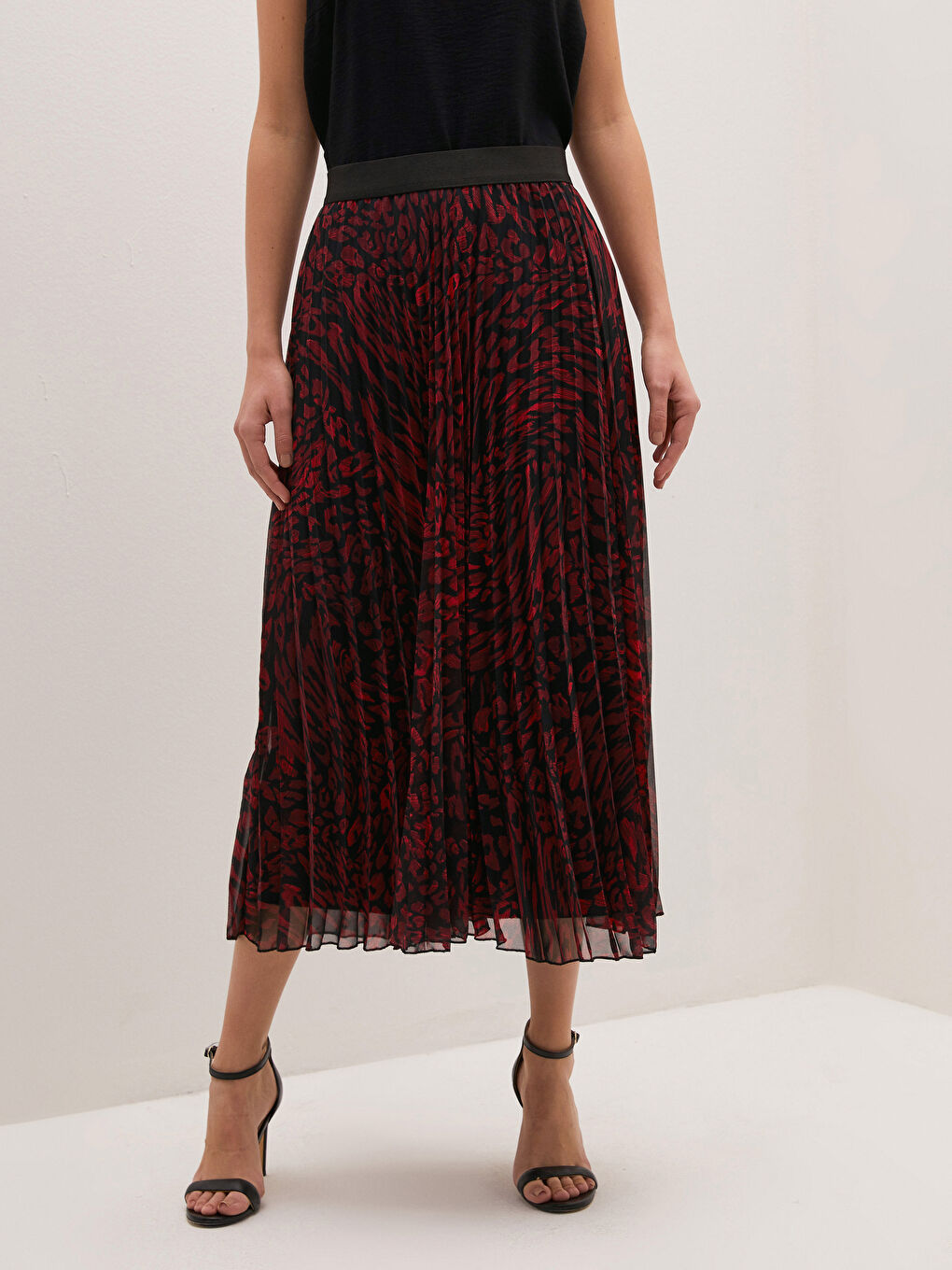 Kırmızı Beli Lastikli Desenli Şifon Kadın Pileli Etek-2