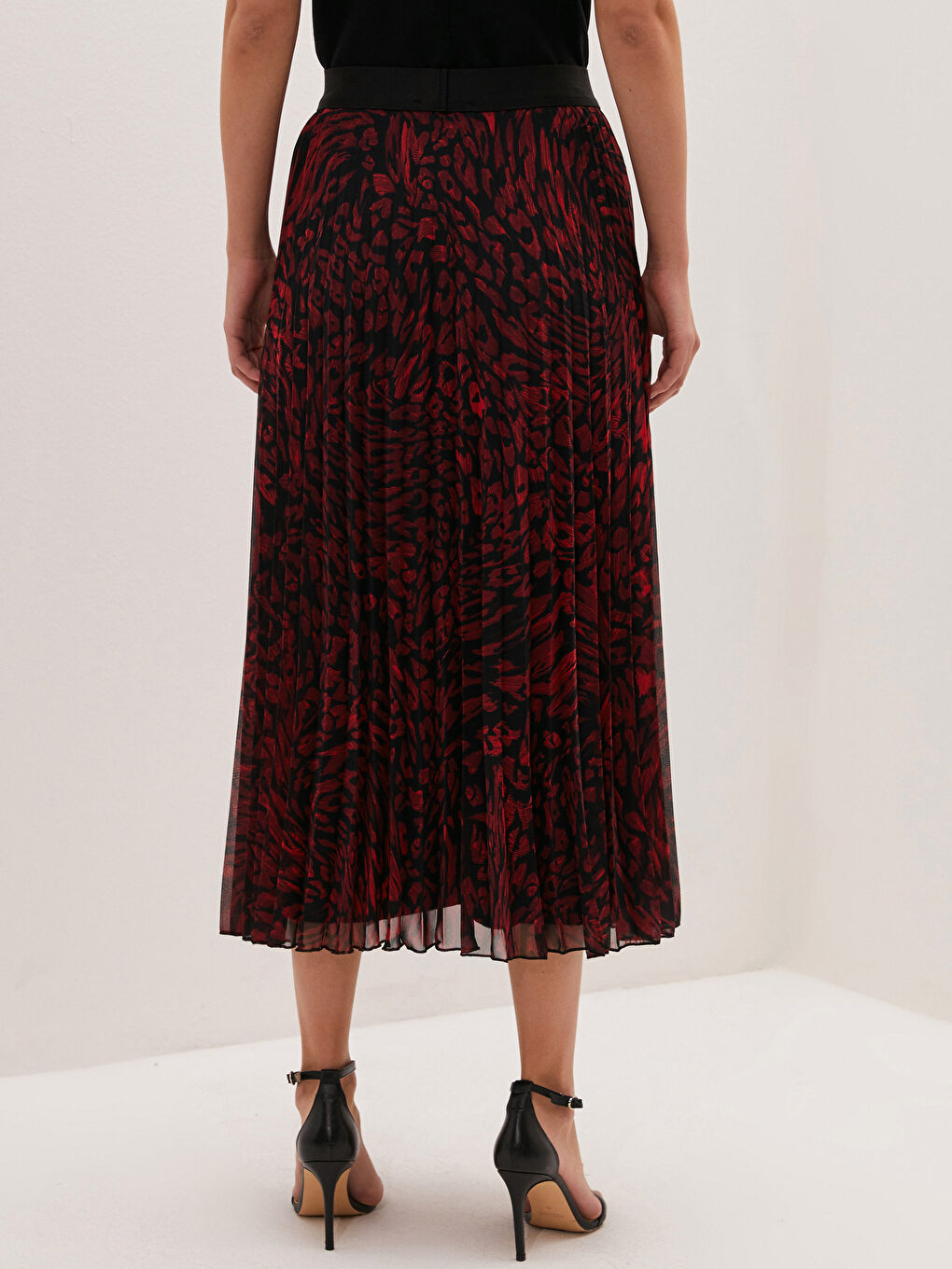 Kırmızı Beli Lastikli Desenli Şifon Kadın Pileli Etek-3