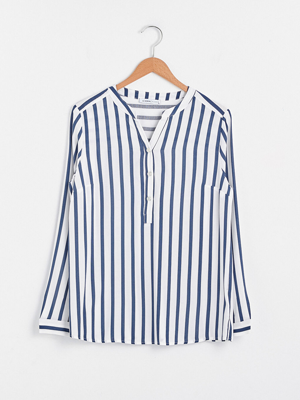 Mavi V Yaka Çizgili Uzun Kollu Viskon Kadın Bluz-5