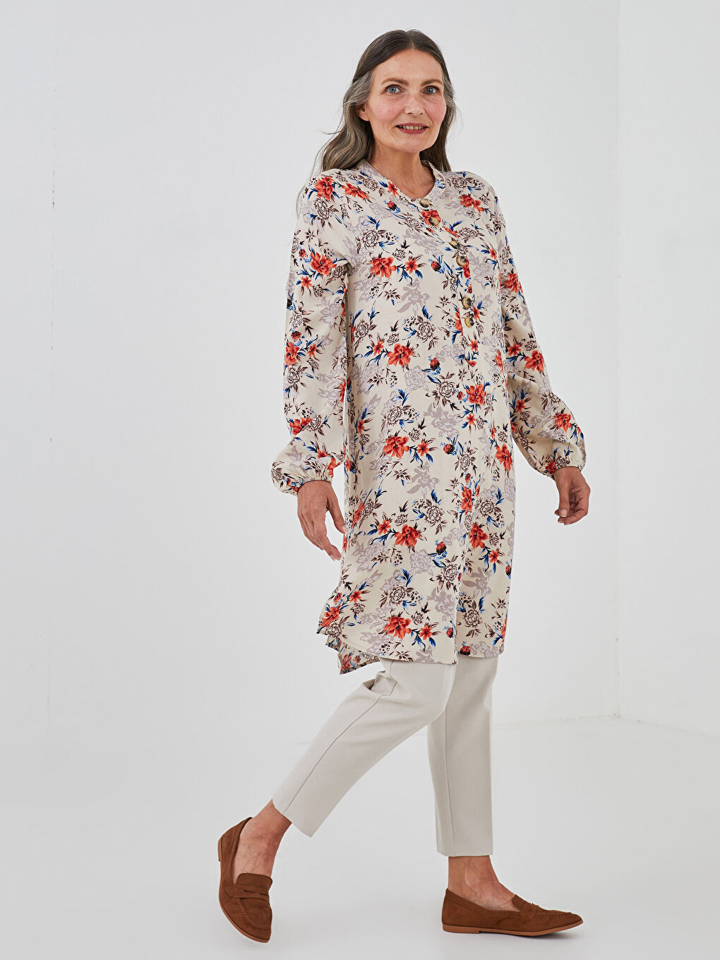 Henley Neckline Floral Printed Viscose Tunic-1