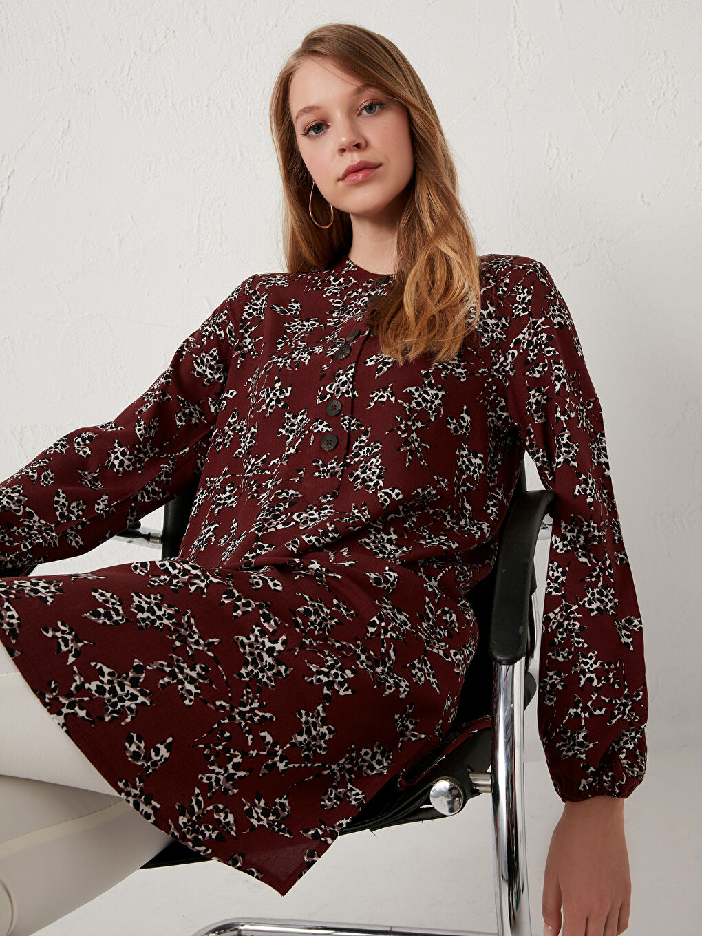 Henley Neckline Floral Printed Viscose Tunic