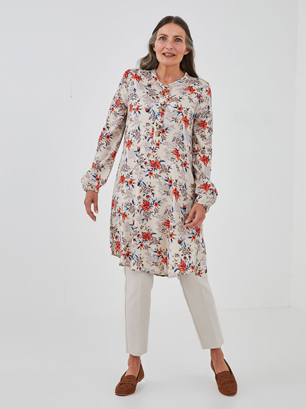 Henley Neckline Floral Printed Viscose Tunic