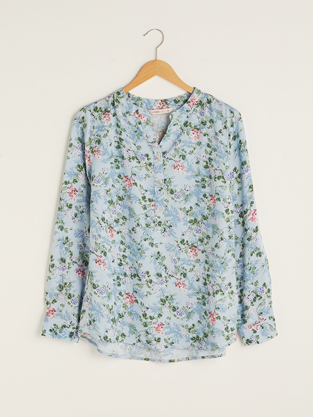 Mavi Kaçık Yaka Çiçek Baskılı Uzun Kollu Poplin Kadın Bluz-6