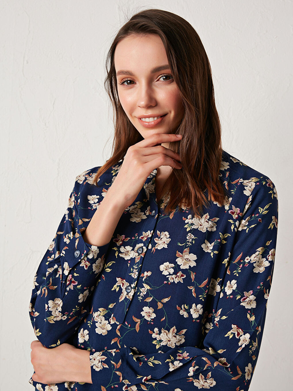 Henley Neckline Floral Printed Poplin Blouse-1