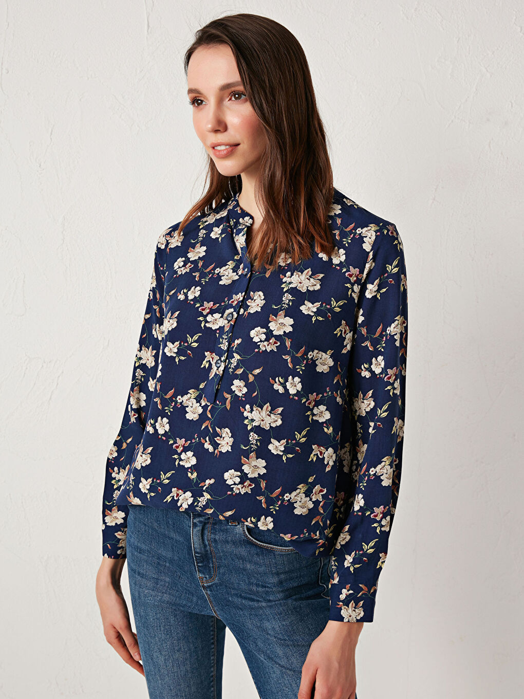 Henley Neckline Floral Printed Poplin Blouse