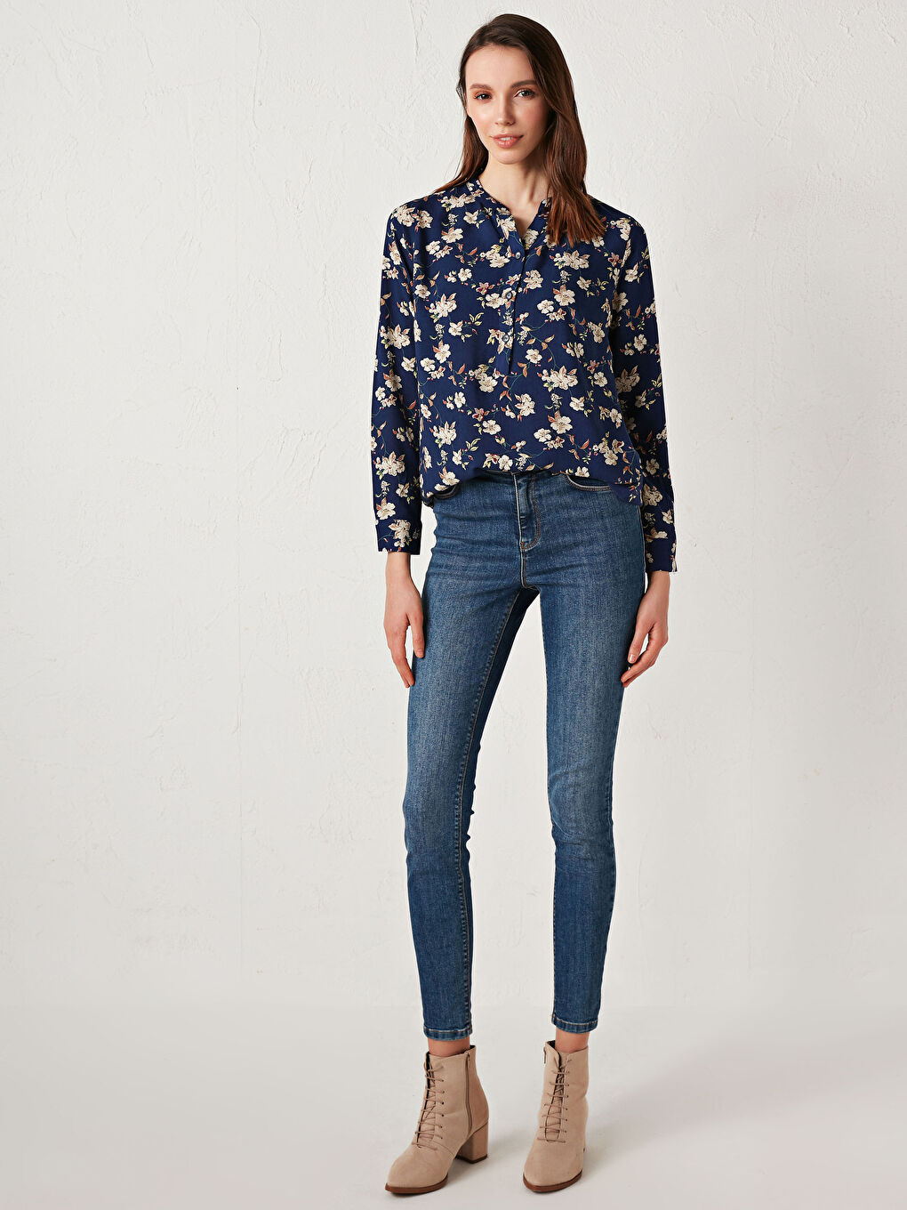Henley Neckline Floral Printed Poplin Blouse-3