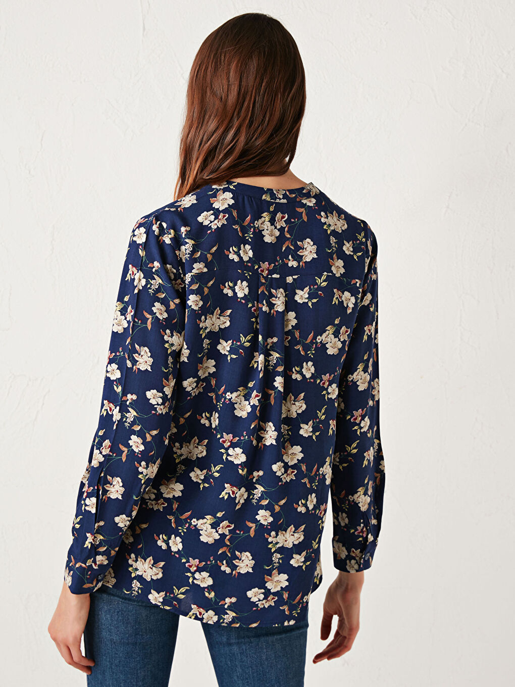 Henley Neckline Floral Printed Poplin Blouse-4