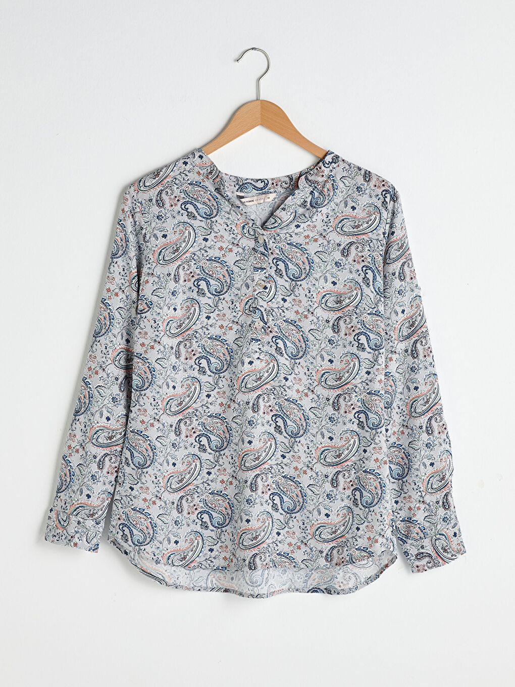 Pembe Kaçık Yaka Baskılı Uzun Kollu Poplin Kadın Bluz-5