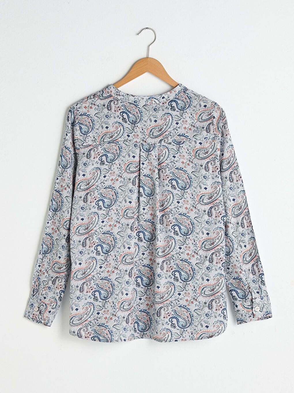 Pembe Kaçık Yaka Baskılı Uzun Kollu Poplin Kadın Bluz-7