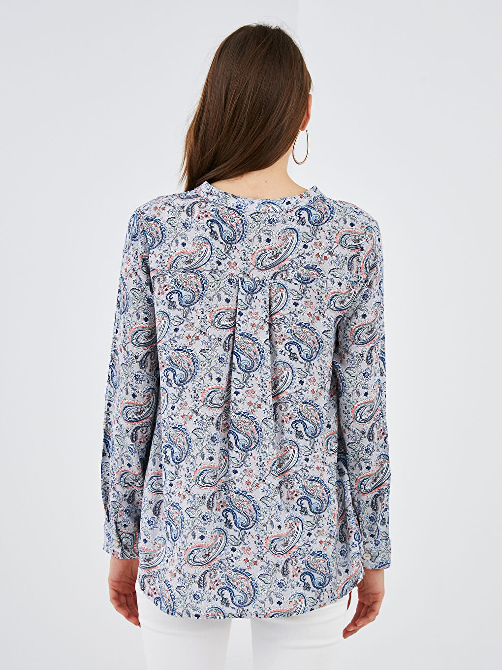 Pembe Kaçık Yaka Baskılı Uzun Kollu Poplin Kadın Bluz-3