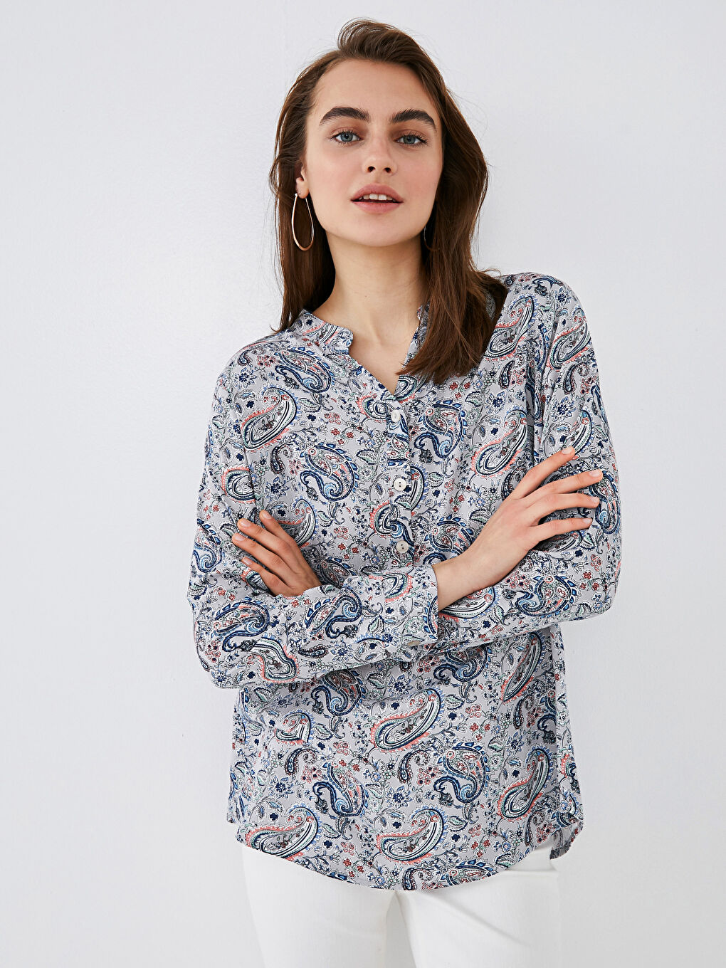 Pembe Kaçık Yaka Baskılı Uzun Kollu Poplin Kadın Bluz