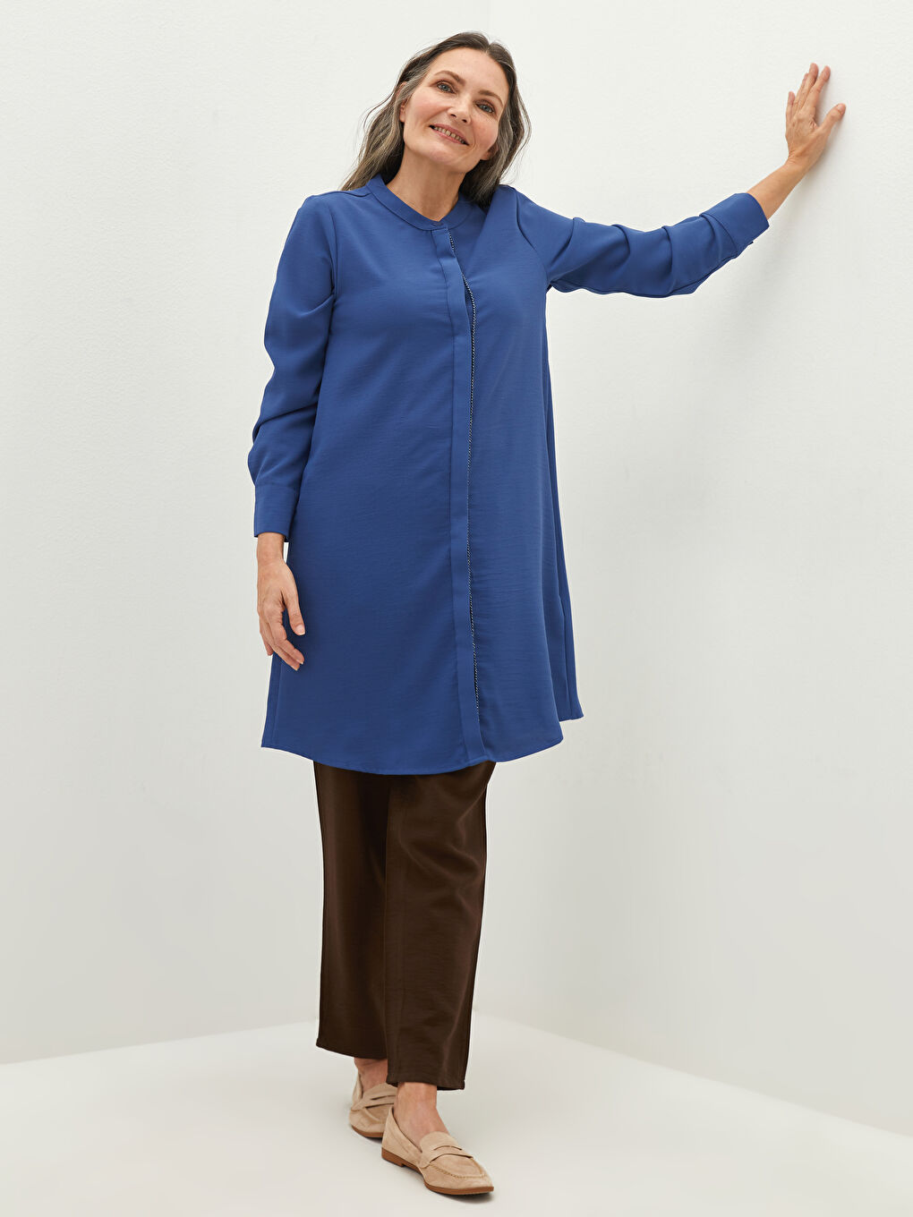 Grandad Collar Hidden Button Closure Long Sleeve Women's Tunic-1