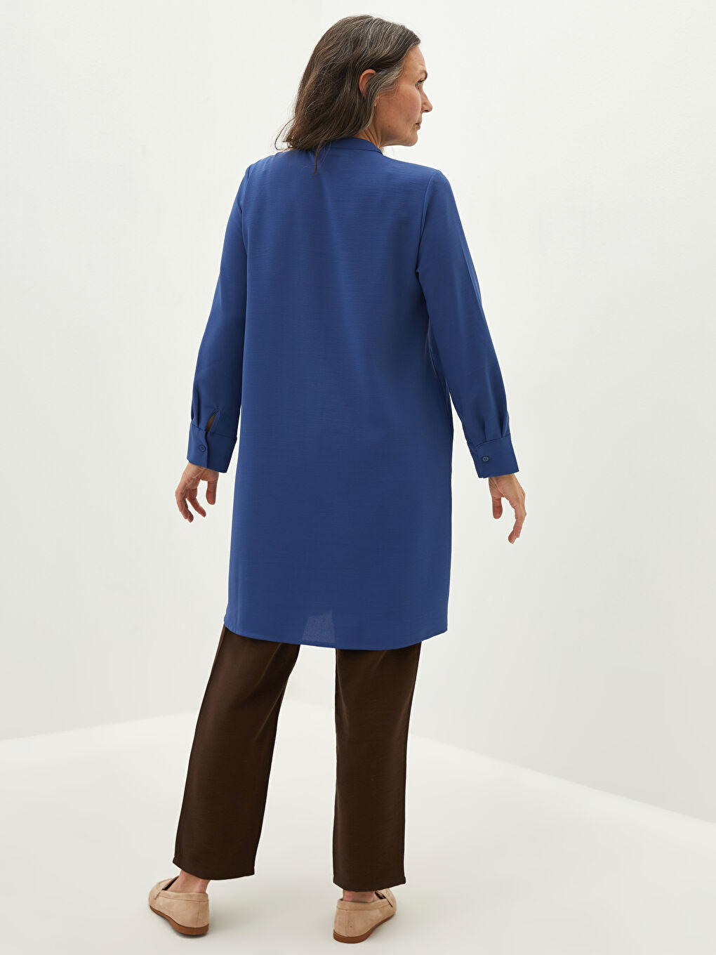 Grandad Collar Hidden Button Closure Long Sleeve Women's Tunic-2