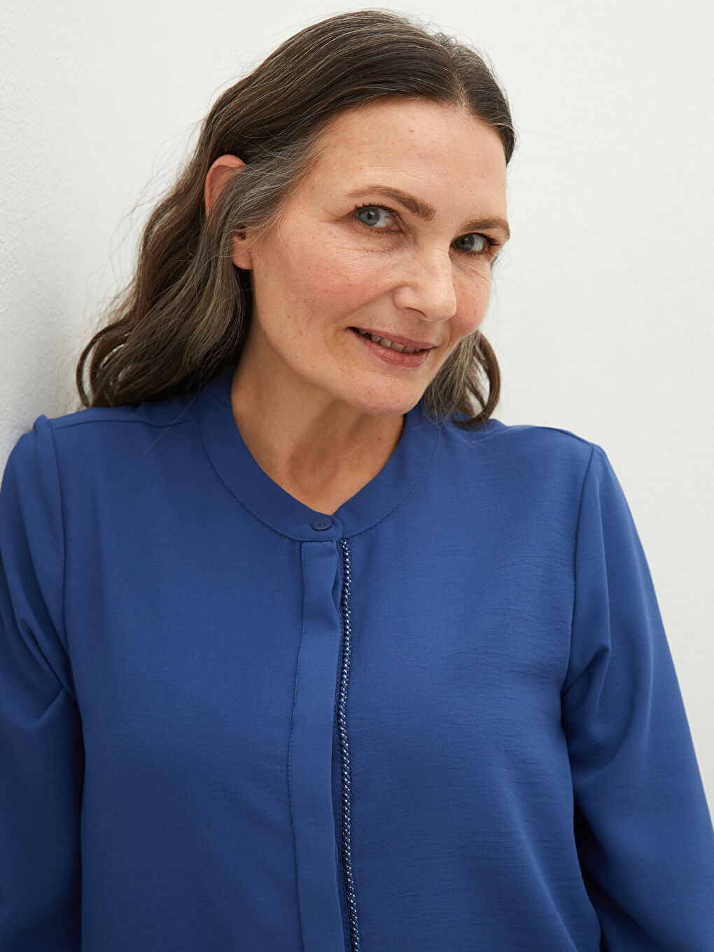 Grandad Collar Hidden Button Closure Long Sleeve Women's Tunic-3