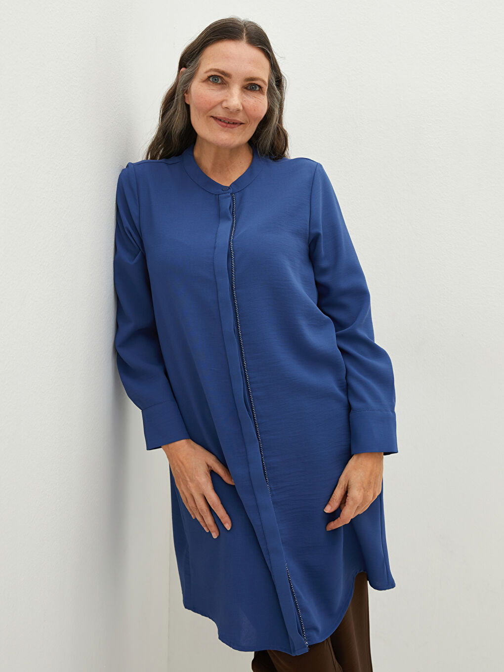 Grandad Collar Hidden Button Closure Long Sleeve Women's Tunic