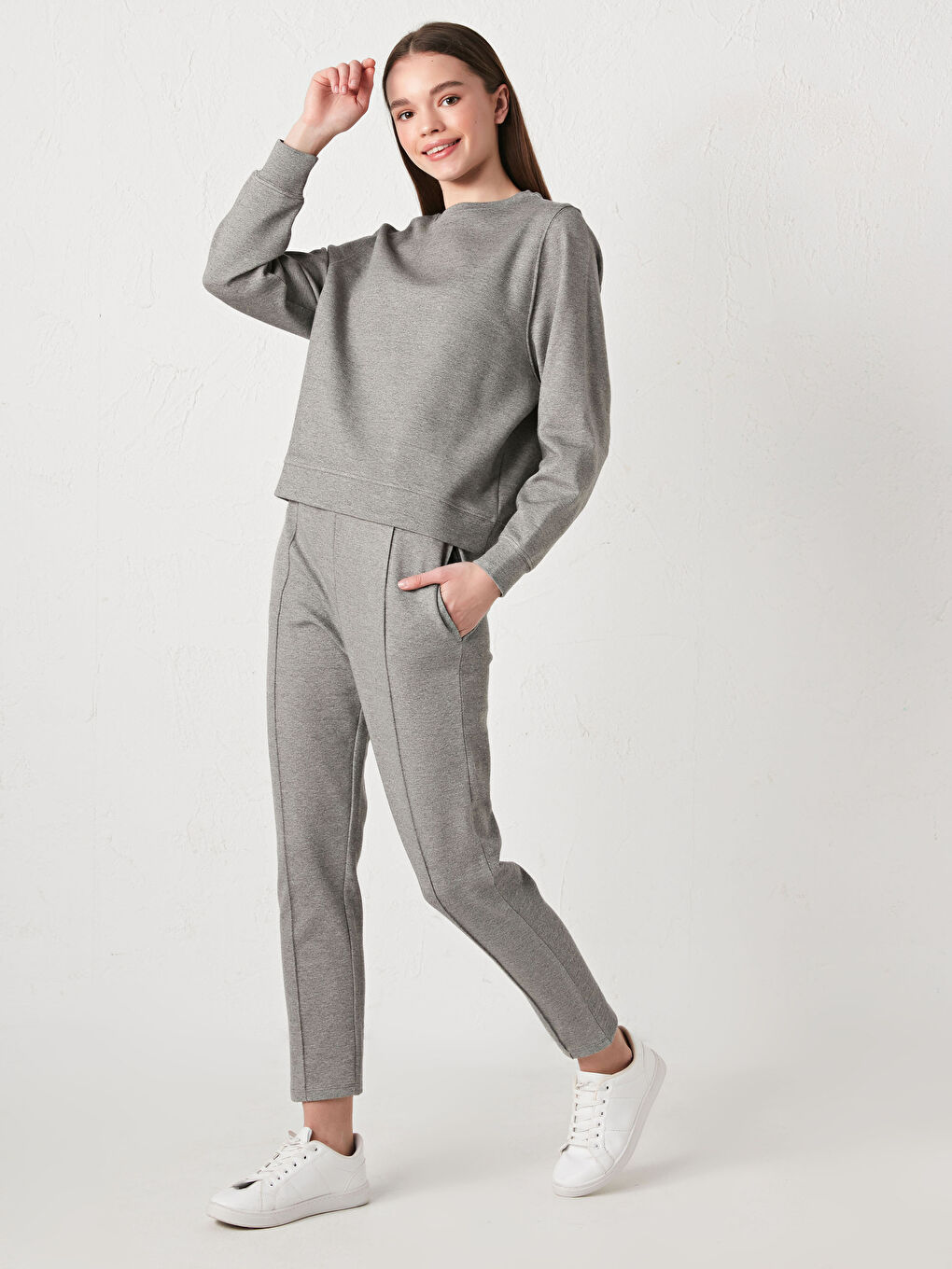 Antrasit Bisiklet Yaka Düz Sweatshirt-2