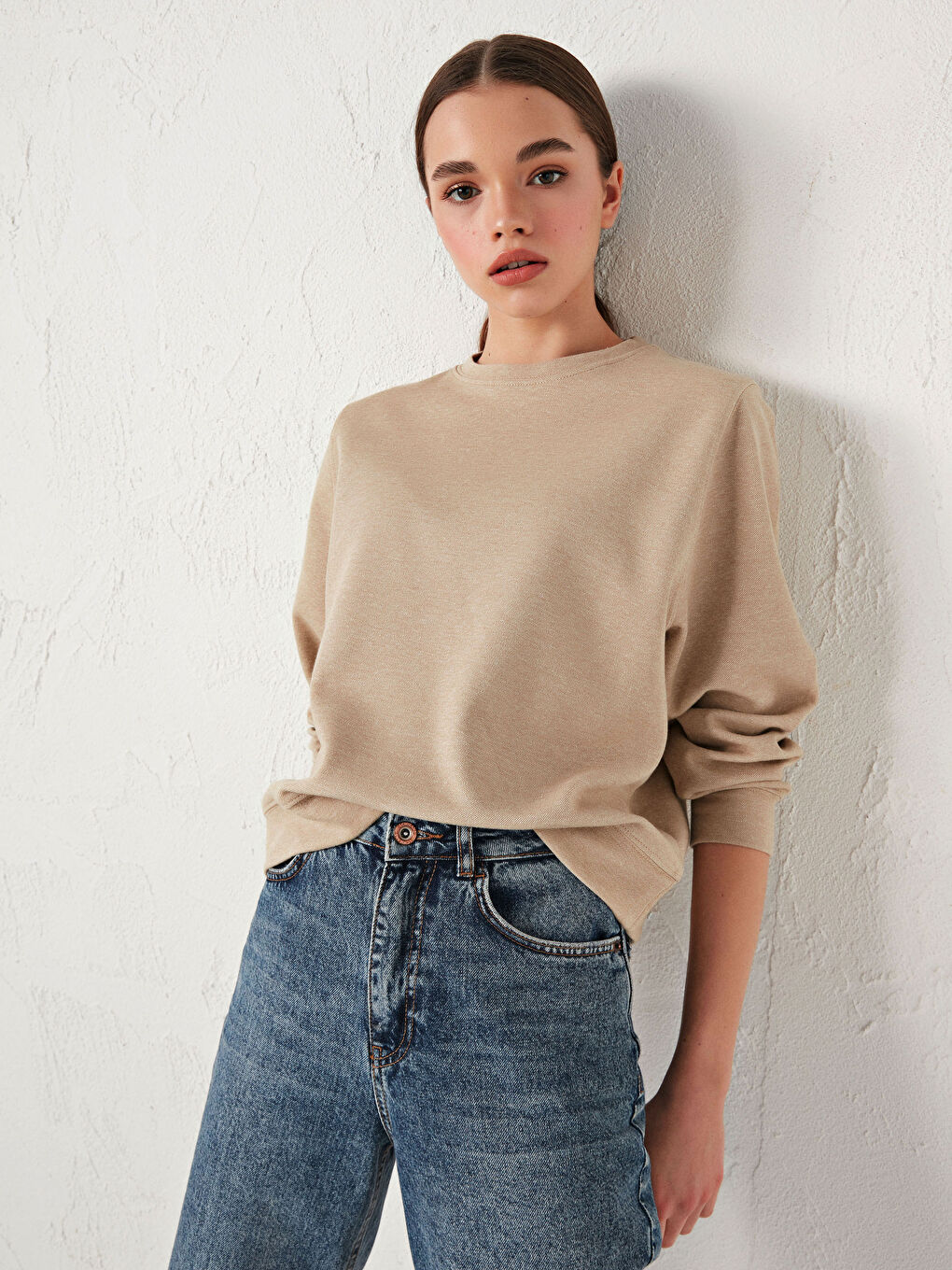 Sweat-shirt Uni à Col Rond-5