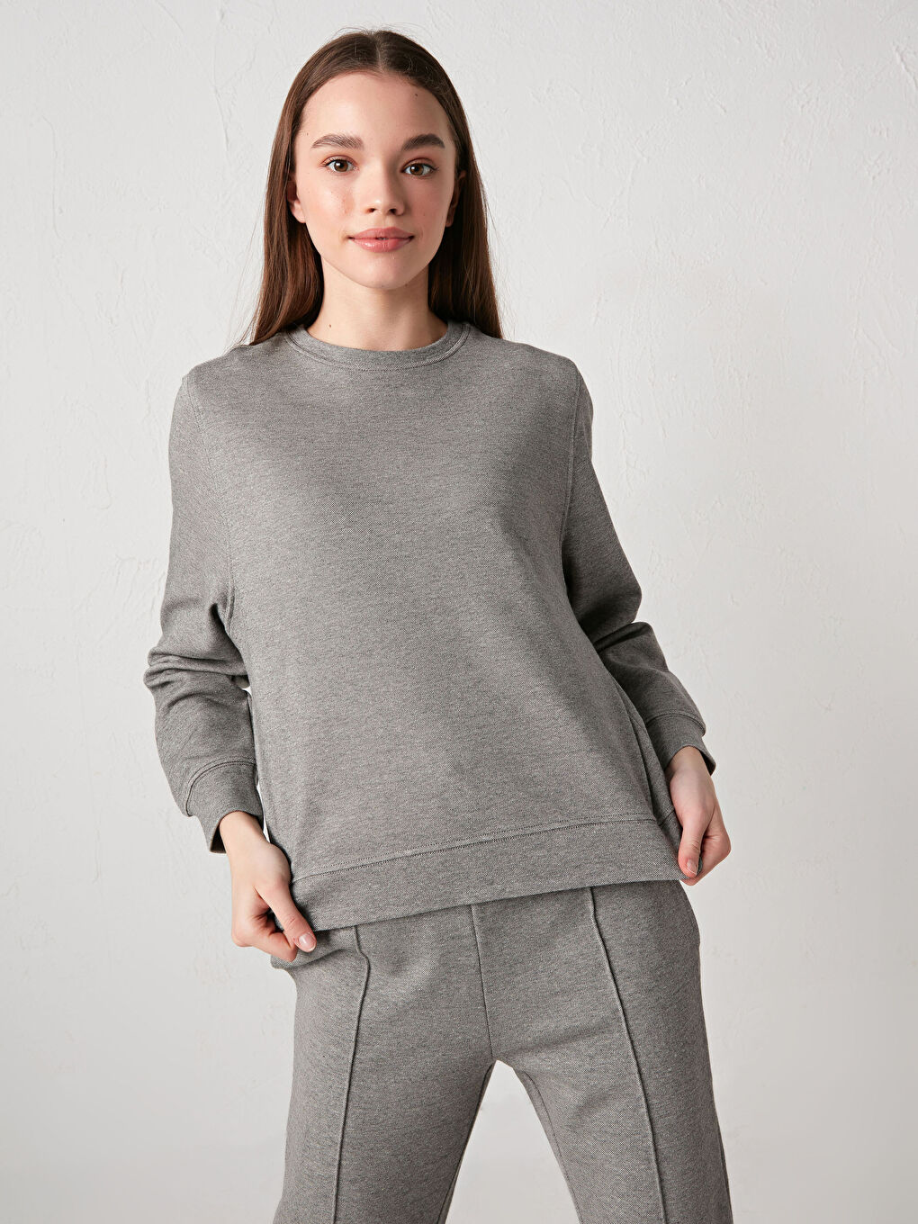 Antrasit Bisiklet Yaka Düz Sweatshirt-5