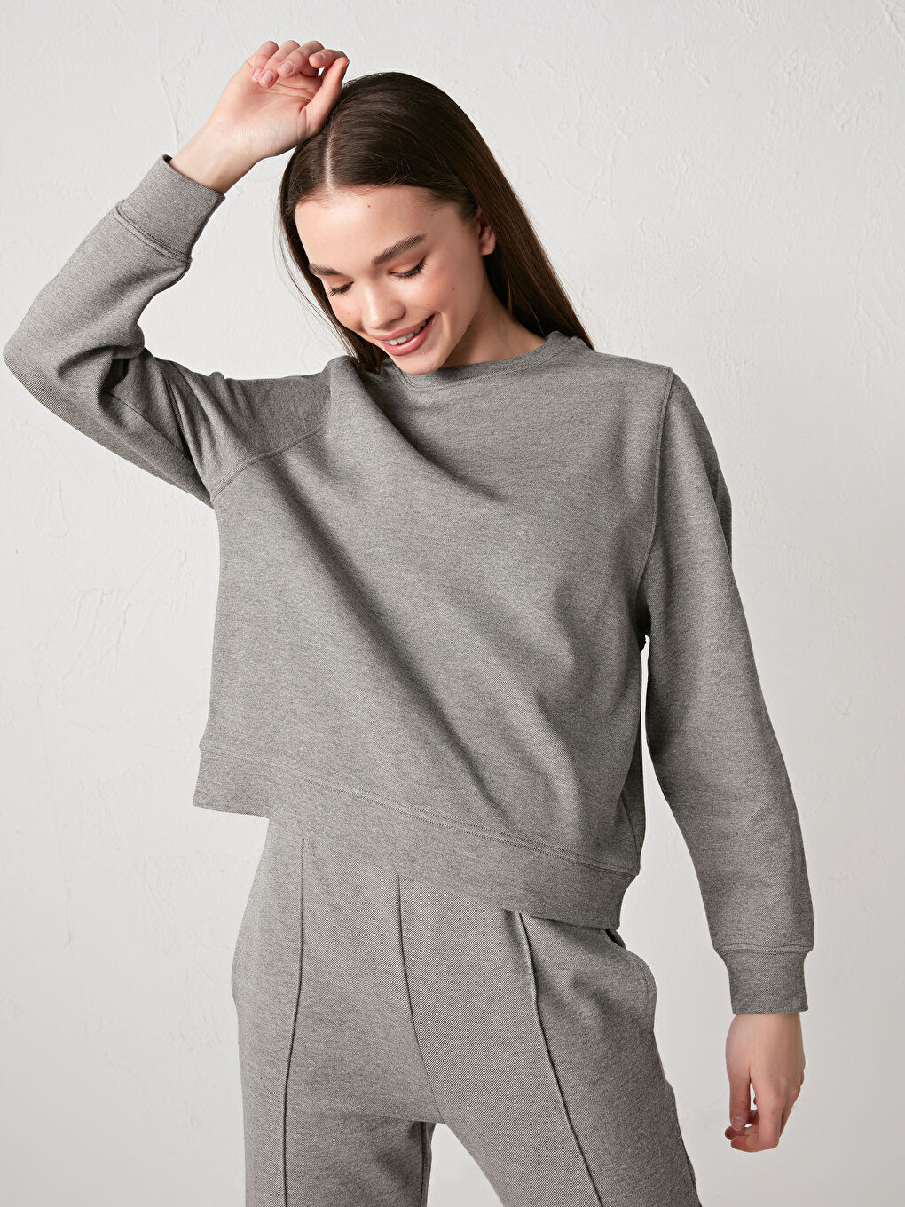 Antrasit Bisiklet Yaka Düz Sweatshirt