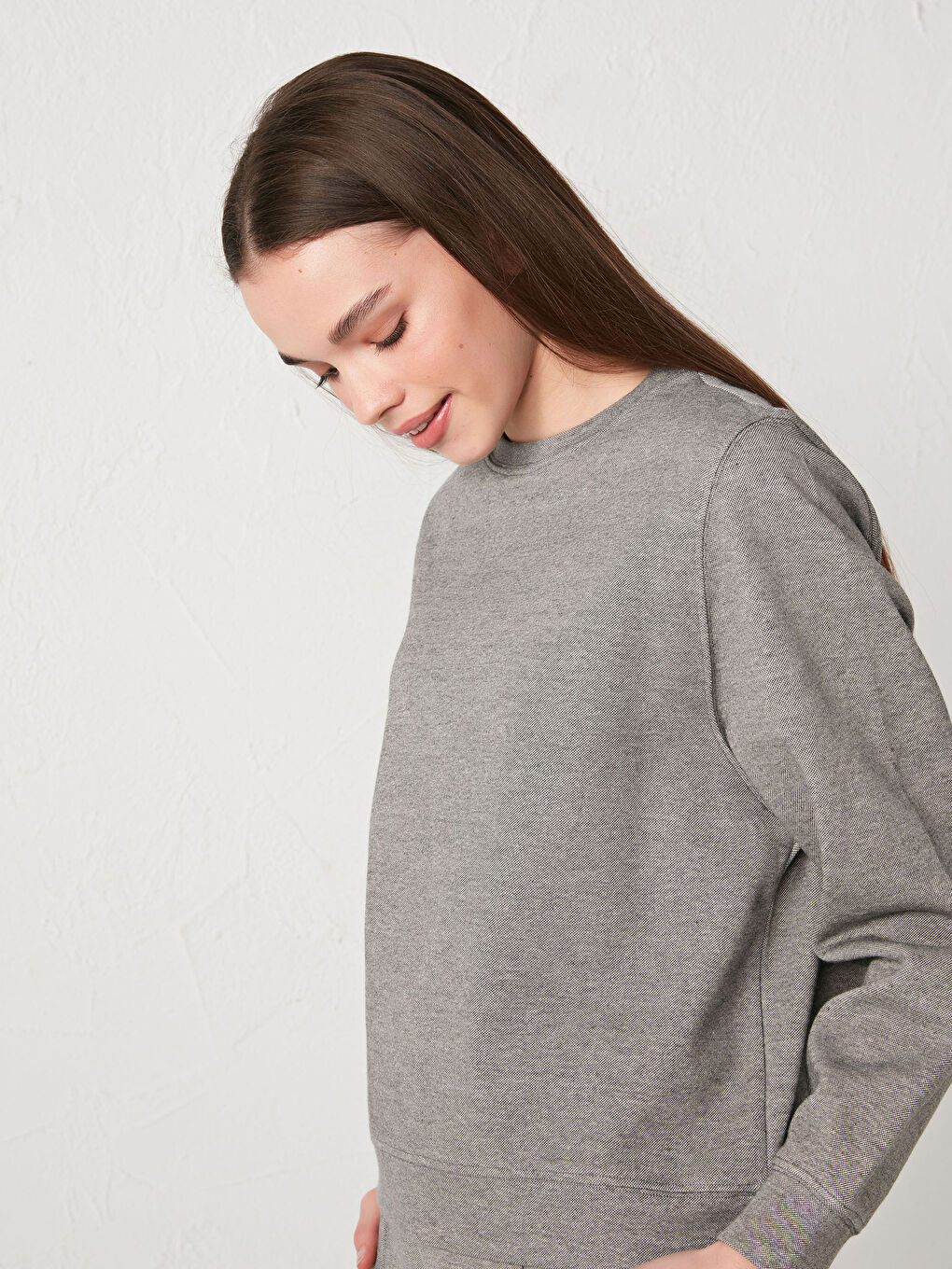 Antrasit Bisiklet Yaka Düz Sweatshirt-1