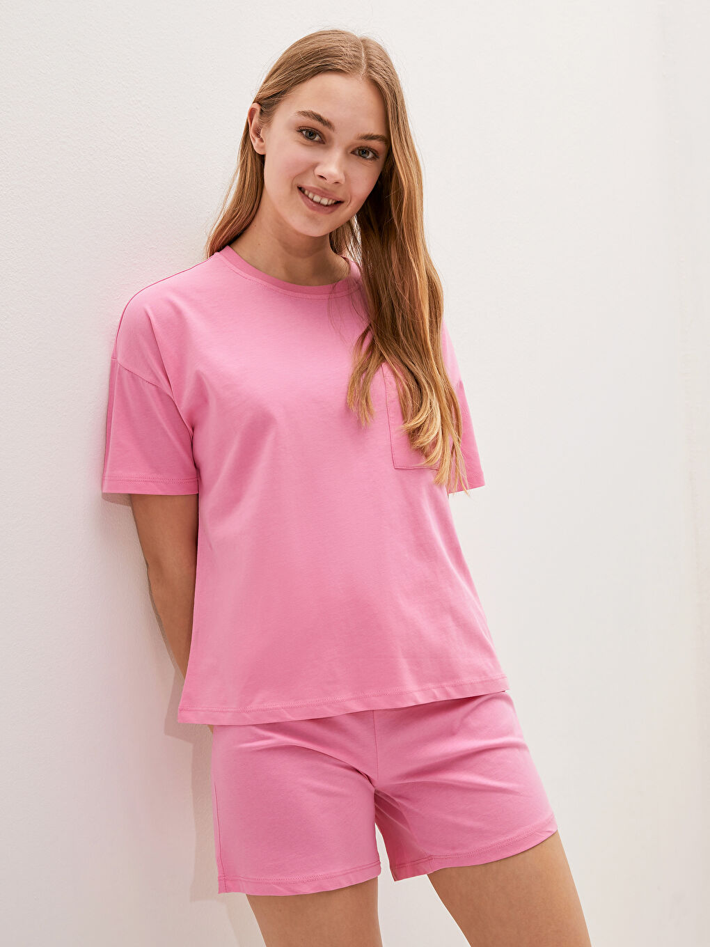 Crew Neck Straight Short Sleeve Cotton Women's Short Pajamas Set-5